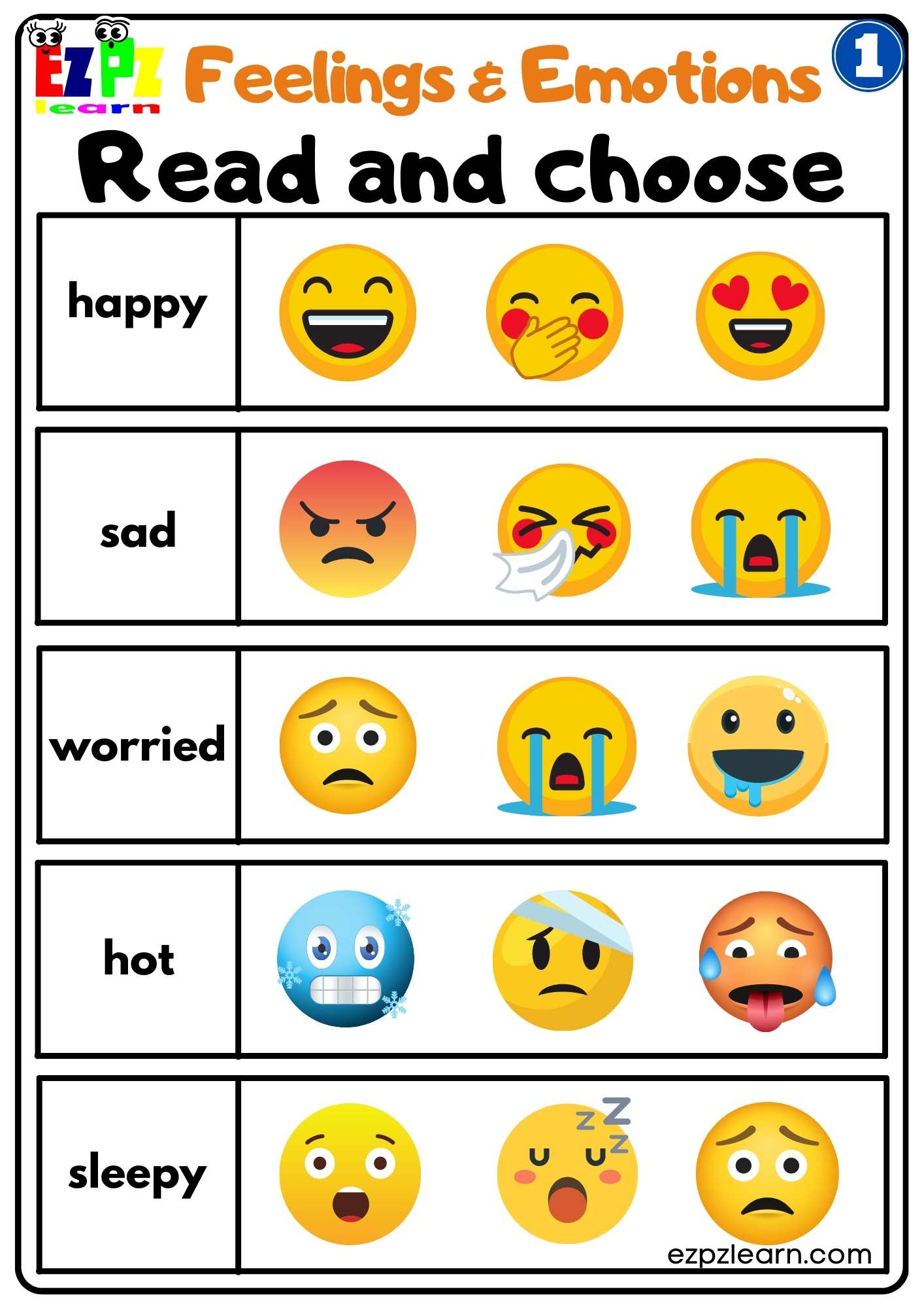 Feelings and Emotions Read and Choose Worksheet for Children and ESL Students Free PDF Download